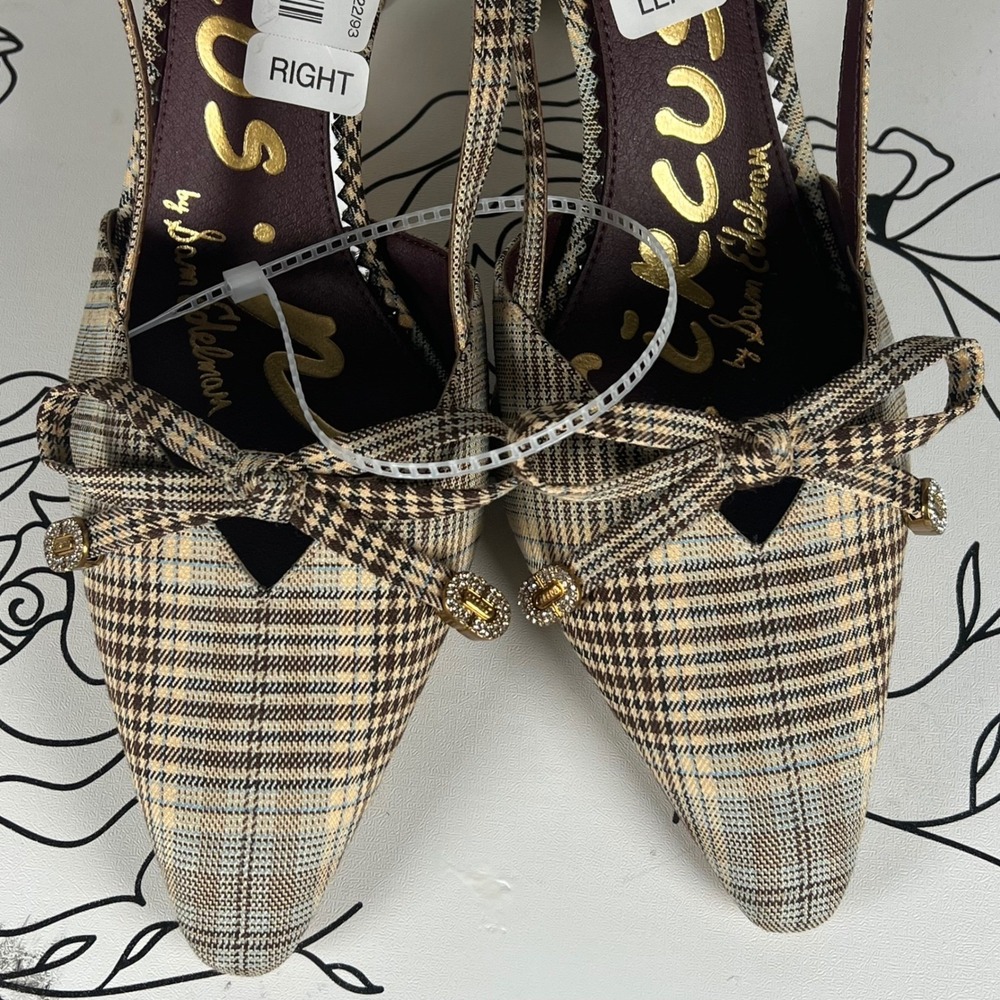 Circus by Sam Edelman Monica Plaid Slingback Pumps Kitten Heel Bow Tan Brown 10 - Picture 6 of 9